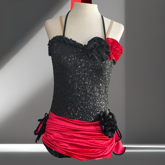 Women's Red & Black One-Piece Sequin Sexy Dance Halloween Costume Size Medium - Picture 2 of 9